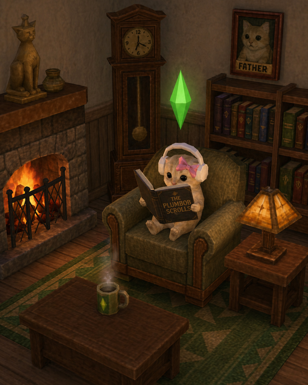 Plumbob Cat reading by the fireplace